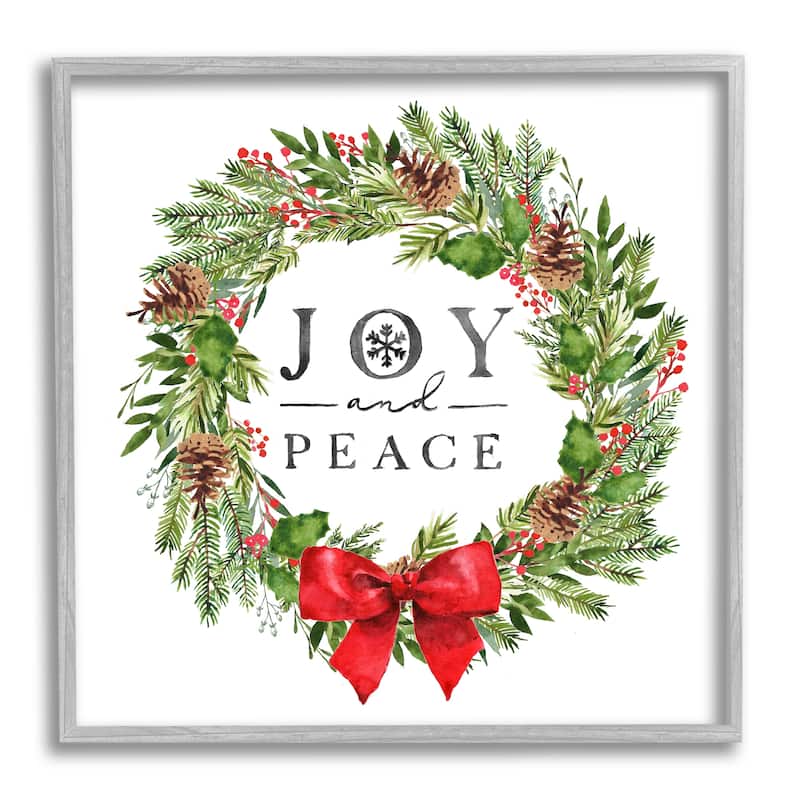 Stupell Joy and Peace Holiday Phrase Winter Pine Wreath Framed Wall Art - Green
