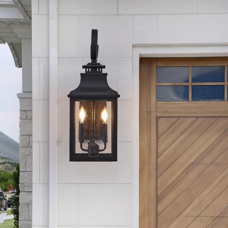 2-Pack Outdoor Wall Lanterns – Classic Black Metal Sconces with Clear Seeded Glass (Bulbs Not Included)
