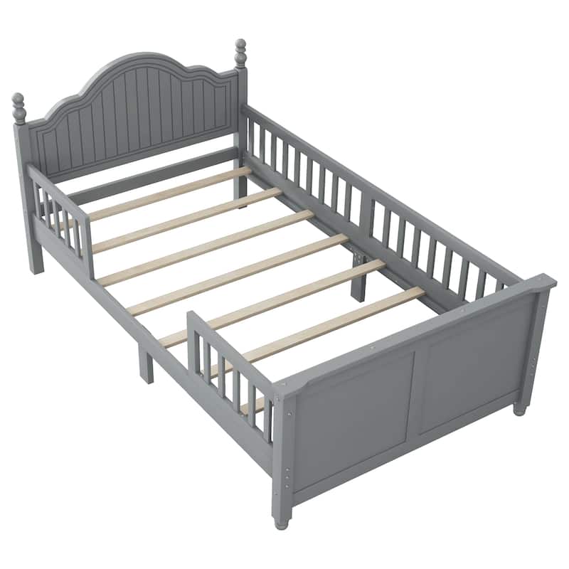 Kids Wooden Platform Bed with Headboard and Footboard, Low Profile Bed Frame with Removable Guardrail Design