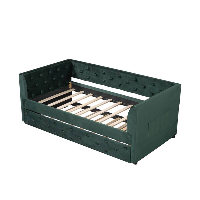 Twin Velvet Tufted Daybed with Trundle & Storage - 400LB Capacity