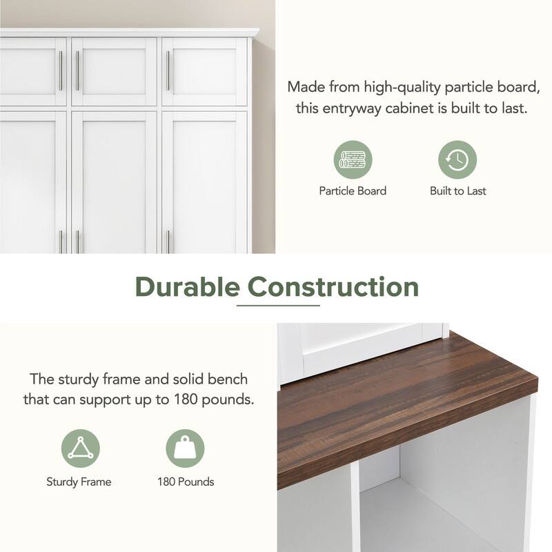Modern Hall Tree with 4 Hanging Hooks, Shoe Bench with Multiple Storage Space, Hallway Tall Storage Cabinet