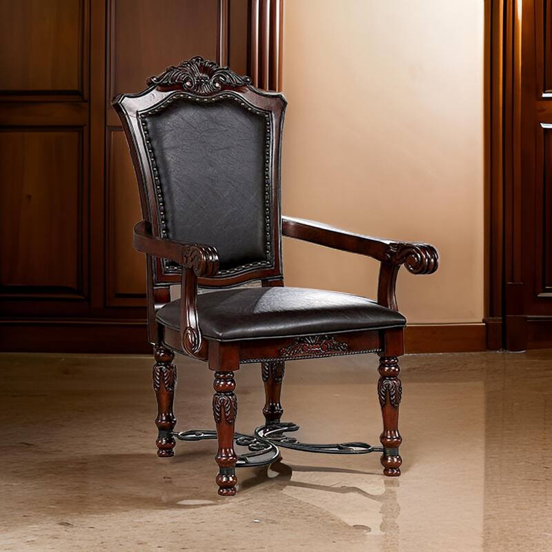 Albi 28 Inch Carved Dining Armchair, Set of 2, Black Faux Leather
