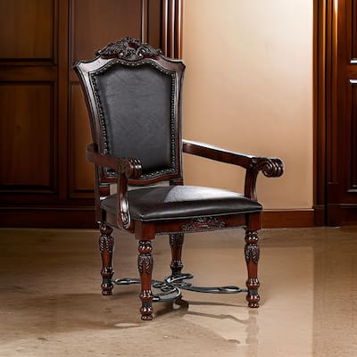 Albi 28 Inch Carved Dining Armchair, Set of 2, Black Faux Leather
