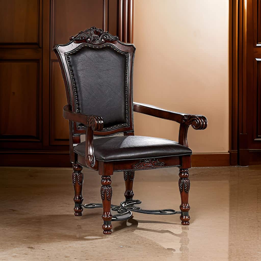 Albi 28 Inch Carved Dining Armchair, Set of 2, Black Faux Leather