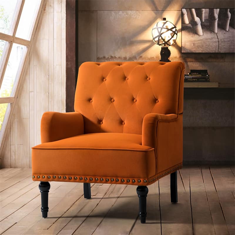 Geltrude Transitional Upholstered Button Tufted Club Chair with turned wooden Legs by HULALA HOME