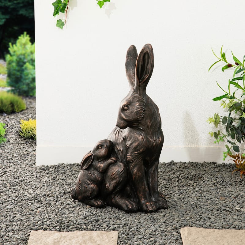 Glitzhome MGO Bronze Mom and Baby Rabbit Statue Standing Bunny Figurine