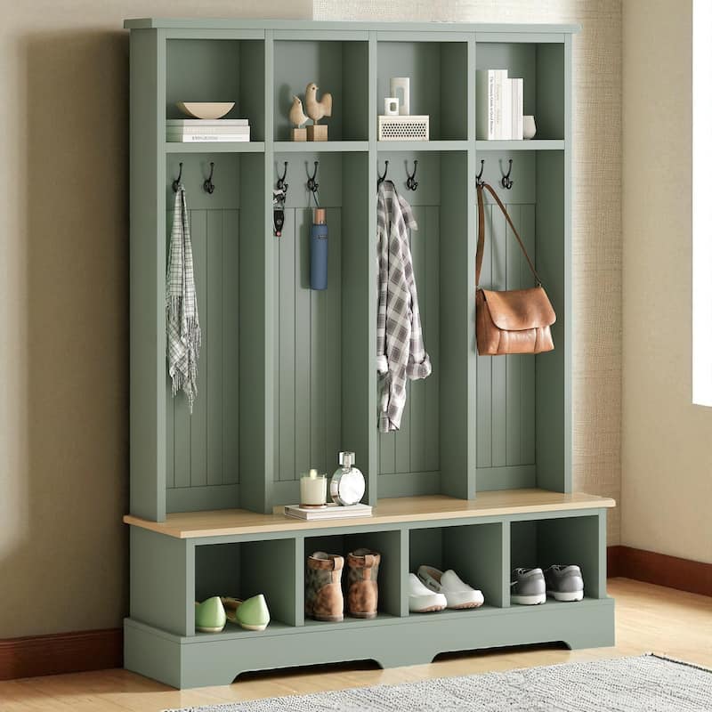 Farmhouse 59 in Hall Tree with 8 Hooks, Bench with Open Cubbies, 76.7 in H Entryway Coat & Shoe Organizer - Green
