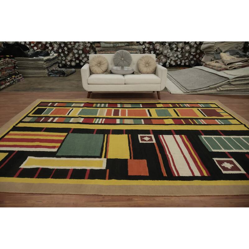 Hand Woven Oriental 100% Wool Carpet Southwestern Modern Yellow & Gold Kilim Area Rug - 11' 11'' X 8' 10''