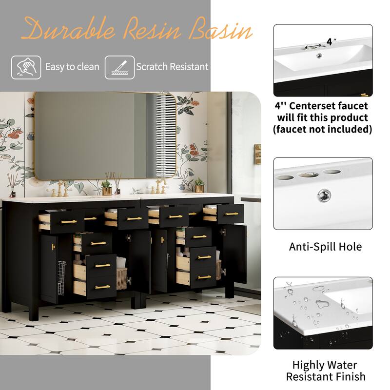 72" Bathroom Vanity with Ceramic Sink, Freestanding Double Cabinet with 8 Drawers, Solid Wood Frame & Storage