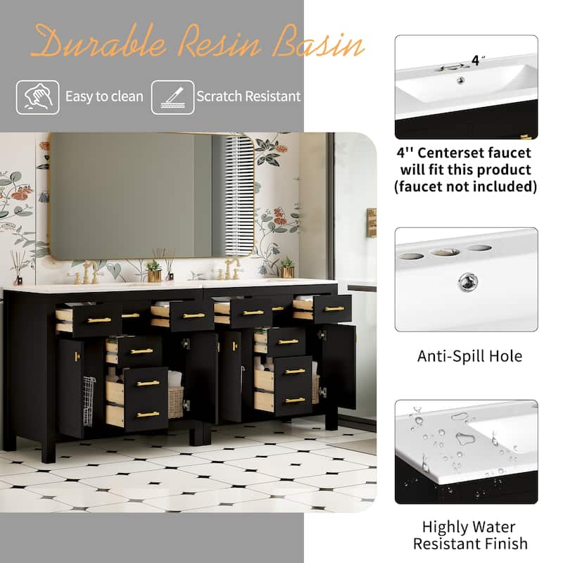 72''Vanity With Ceramic Sink Combo Set, Modern Freestanding Single Cabinet With 4 Drawers & 2 Cabinets,Storage Cabinet