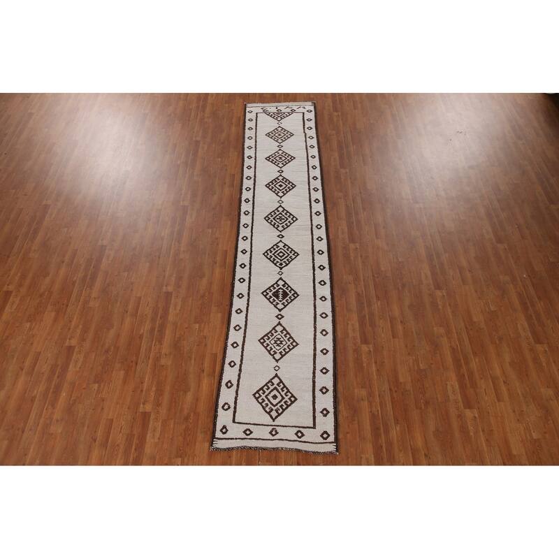 Geometric Beige Anatolian Turkish Runner Rug Handmade Wool Carpet - 2'8"x 12'11"