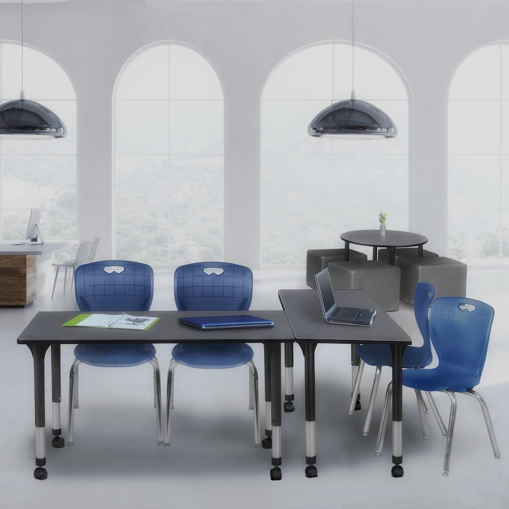 48 in. Height Adjustable Mobile Classroom Table - Grey & 2 18-in Stack Chairs- Navy Blue - 24