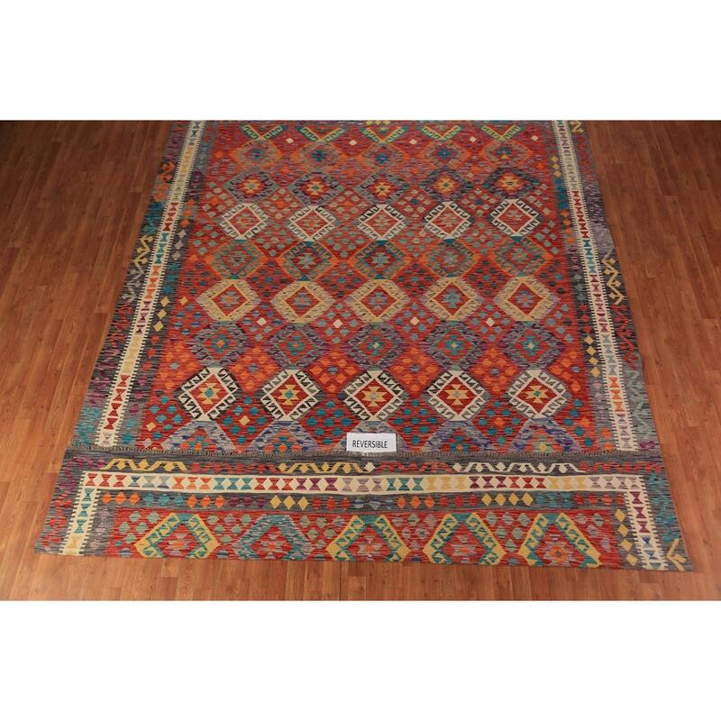 Reversible Kilim Oriental Area Rug Hand-Woven Southwestern Wool Carpet - 9'11"x 12'11"