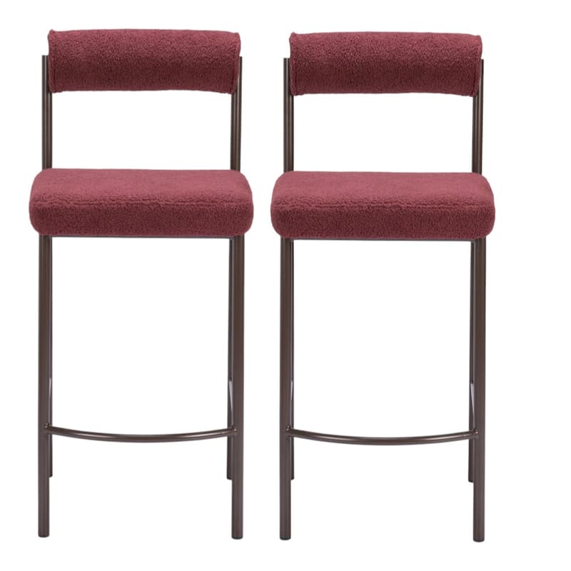 Set of Two 26" Red and Bronze Shearling and Steel Low Back Counter Height Bar Chairs