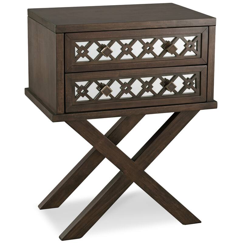 Leick Home Mirrored Diamond Filigree Two Drawer X Base Nightstand Side Table