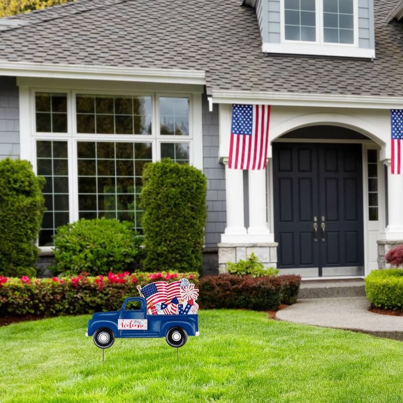 Glitzhome Metal Americana Stars Stripes Yard Stake Wall Sign with Welcome Flag