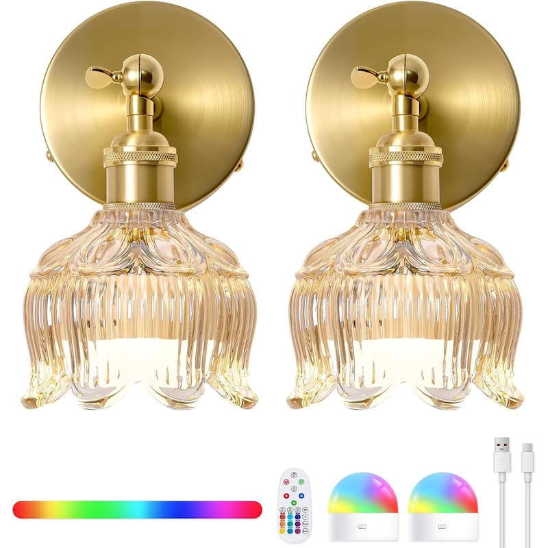 Set of 2 mounted light gold wall light brass,glass powered light