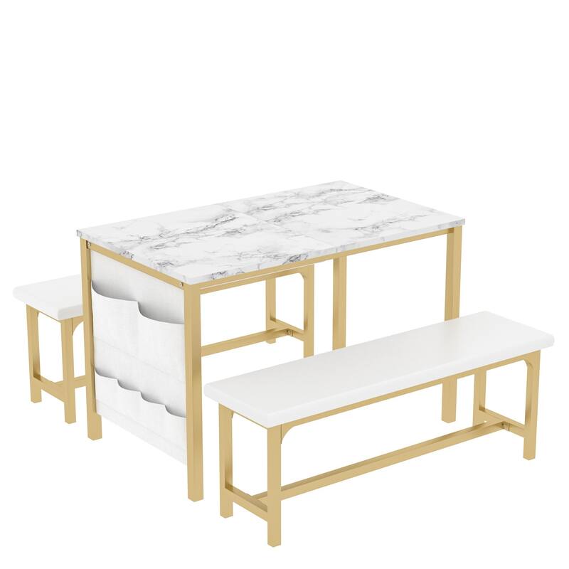 VECELO 3-Piece Dining Table Set with 2 Benches, 63" Extendable Kitchen Table & Chairs Set for 4-8, Dining Room Table