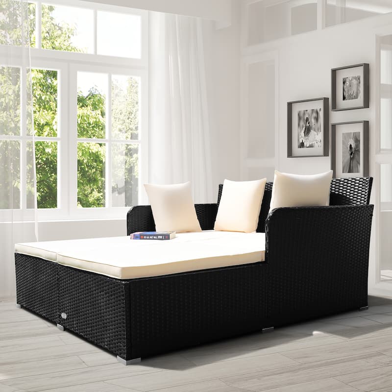 Costway Outdoor Patio Rattan Daybed Pillows Cushioned Sofa Furniture - See details