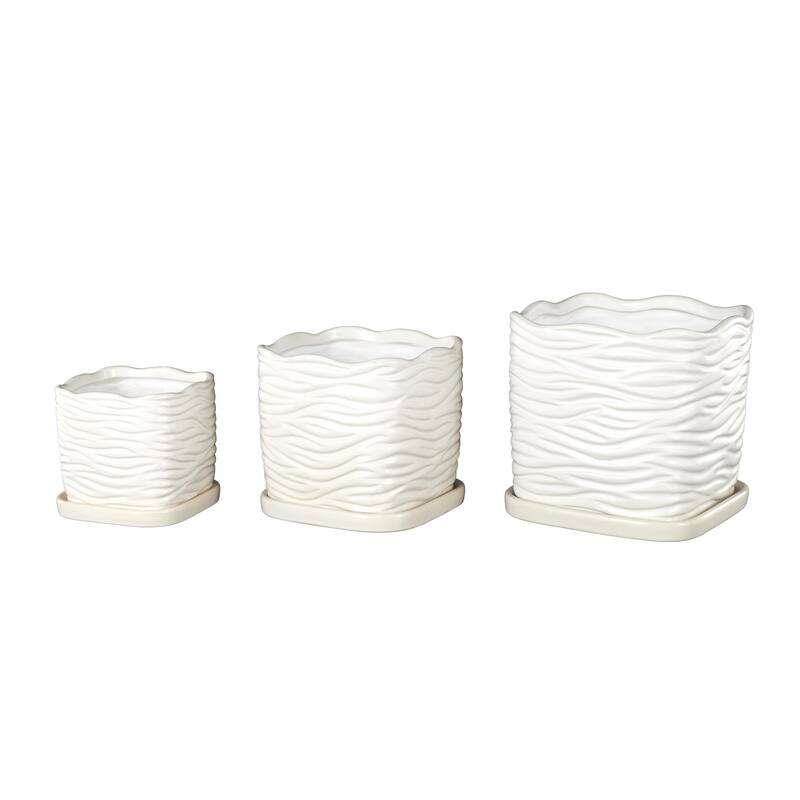 Black or White Ceramic Wavy Ribbed Indoor Outdoor Planter with Attached Saucer (Set of 3)