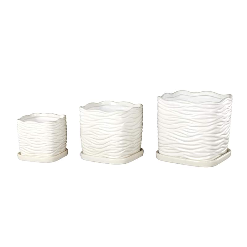 Ceramic Wavy Ribbed Indoor Outdoor Planter with Attached Saucer - Set of 3 Black or White - Roche River Decor