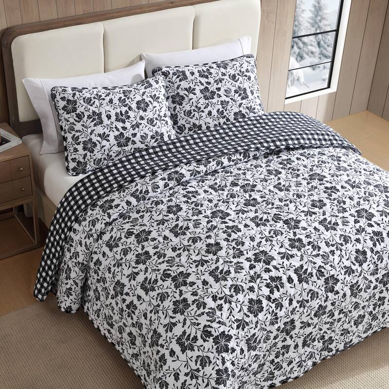 Eddie Bauer Woodblock Floral Flannel Black Quilt Set