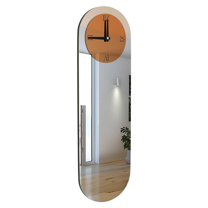 Large Oval Mirror with Wall Clock, 40 x 13, Modern Concise Wall Decor