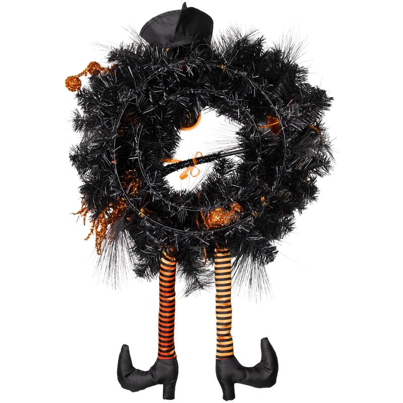 Witch and Pumpkins Glittered Artificial Halloween Wreath - 24" - Unlit