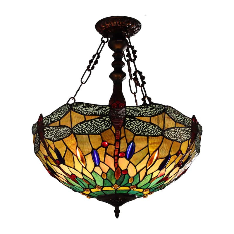 Tiffany-Style Dragonfly Design 3-light Blackish Bronze Hanging Pendant