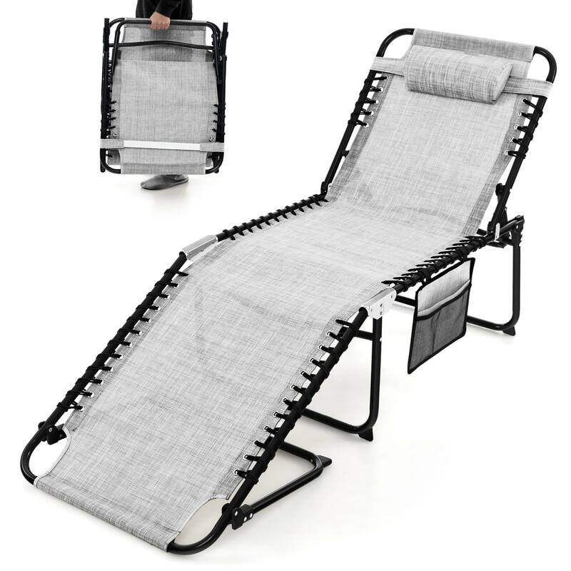 Gymax Folding Beach Lounger Chaise Lounge Chair w/ Pillow 4-Level - Grey
