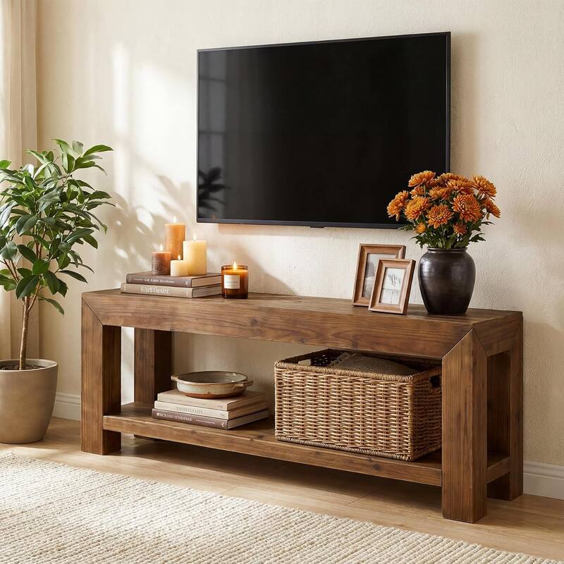 63" Solid Wood TV Stand for TVs up to 75'', TV Media Console Entertainment Center with Open Storage Shelves