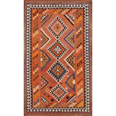 Orange Kilim Qashqai Persian Vintage Area Rug Hand-Woven Wool Carpet - 5'2"x 8'11"