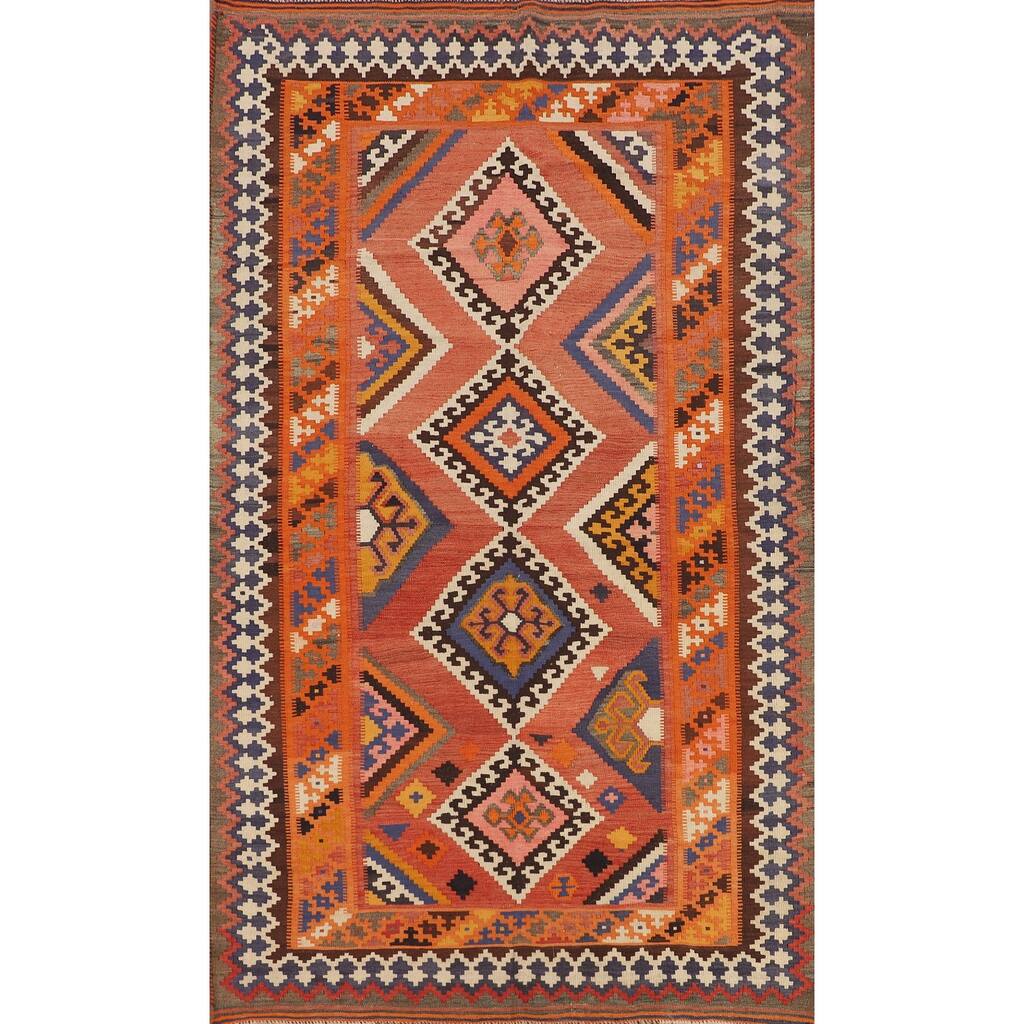 Orange Kilim Qashqai Persian Vintage Area Rug Hand-Woven Wool Carpet - 5'2"x 8'11"