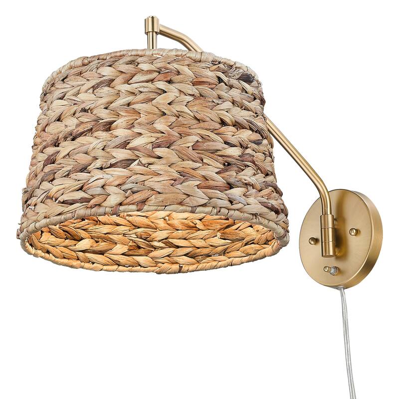 Wry Lighting Ryleigh 1-light Swing Arm in Brushed Champagne Brass and Woven Sweet Grass - 1 Light Articulating Wall Sconce