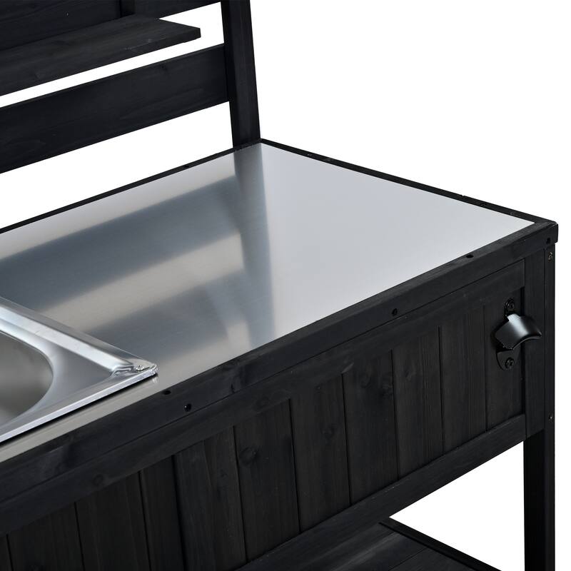 41.7'' Rolling Outdoor Kitchen Island, Solid Wood Kitchen Cart with Sink and Stainless Table Top