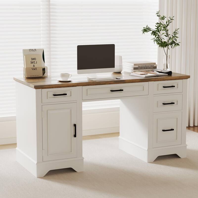58 Inch Large Home Office Desk, Farmhouse Executive Desk with 5 Drawers & Cabinet, Modern Minimalist Wood Writing Table - White