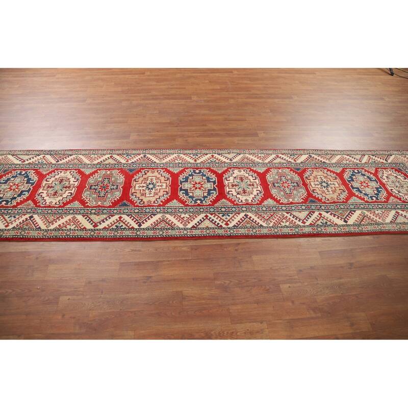 Geometric Kazak Runner Rug Handmade Wool Carpet - 2'7" x 10'7"