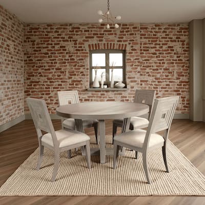 Lasa Dining Table, 54 Inch Round Pine Wood Top, Whitewash Cross Base