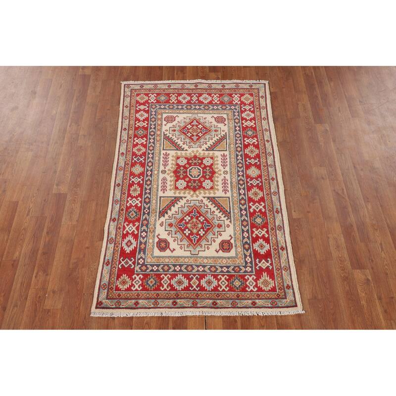 Kazak Accent Rug Hand-Knotted Traditional Beige Wool Carpet - 3'3" x 5'3"