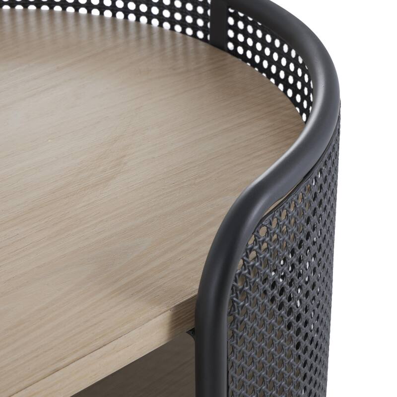 Light Brown Wooden Oval Two-Toned 1 Shelf Living Room Coffee Table with Mesh Side Panels and Brown Wood Tabletop