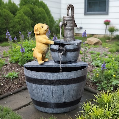 Farmhouse Tiered Outdoor Fountain – Faucet and Puppy Design, Weather Resistant Polyresin