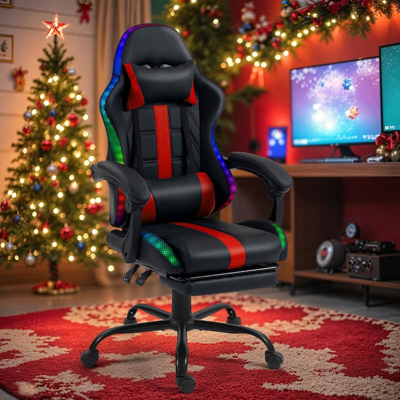 EROMMY RGB LED Gaming Chair with Thickened Massage Lumbar Pillow & Upgraded Footrest, Reclining Ergonomic Chair