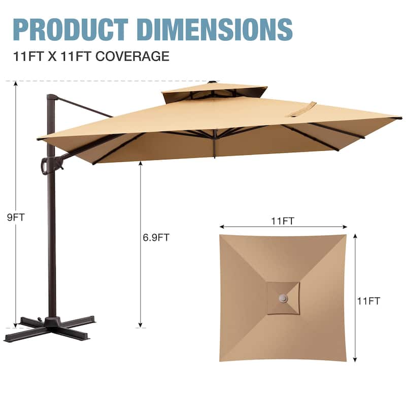 VredHom Dual Top Wind Vent 11x11Ft Offset Cantilever Patio Umbrella