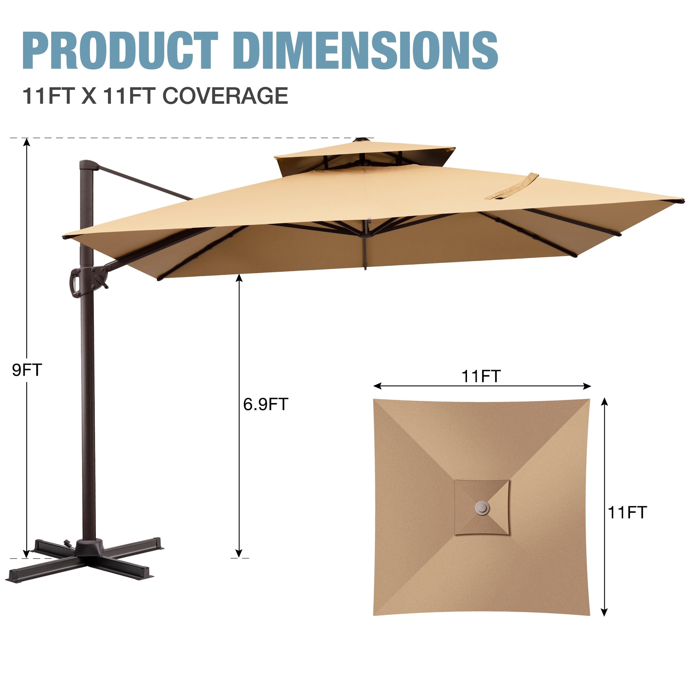 11 foot double vented patio umbrella 13ft 2 Tier Double-Sided with Base, Without Lights / Beige 【Expansive 11 x 11 Square Coverage】Oversized square canopy comfortably shades large dining sets or full outdoor lounge groupings 【All California Umbrella 11 ft. Aluminum