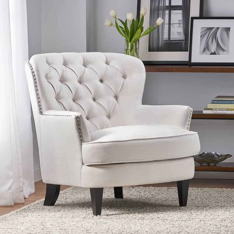 Mid-Century Accent Chair, Upholstered Armchair with Nailhead Trim and Solid Wood Legs, Tufted Lounge Reading Chair Single Sofa