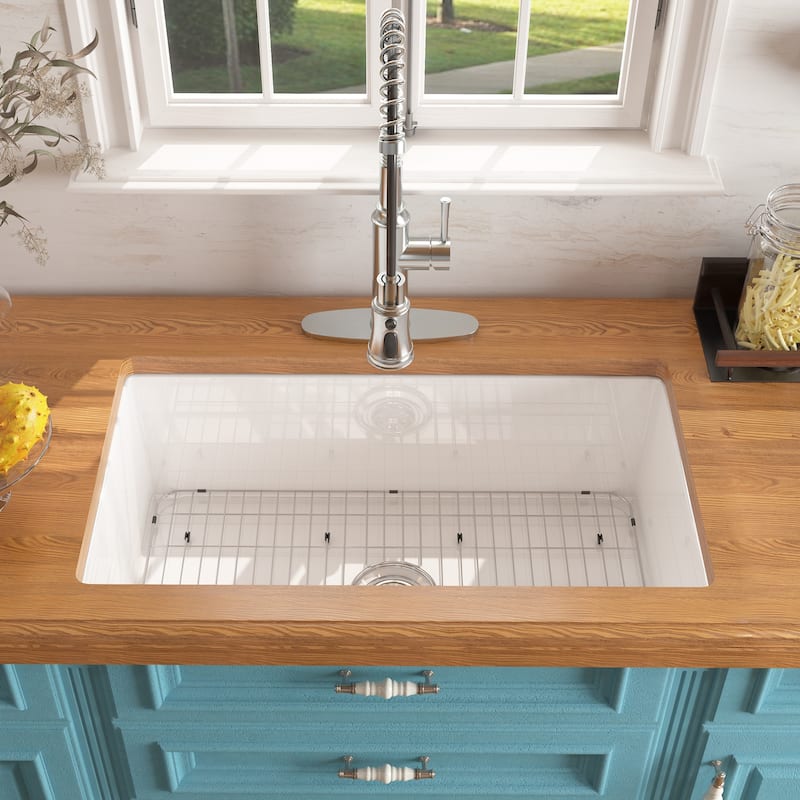 CASAINC Undermount Single Bowl Fireclay Kitchen Sink with Bottom Grid and Strainer, cUPC Certified