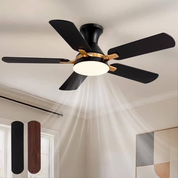 slide 2 of 21, Industrial Smart LED Flush Mount Ceiling Fan with Dual Blade Finishes 52''