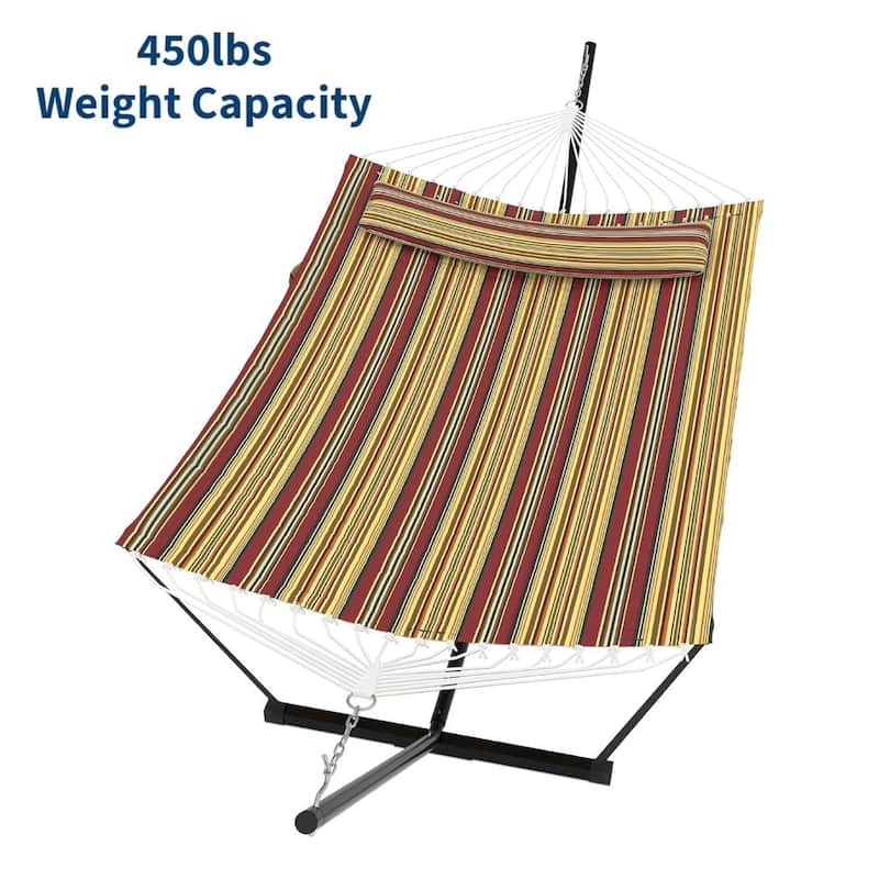 Portable Double Hammock with Stand for Outdoor Patio, Garden, Beach, Backyard, Max 450 Lbs Capacity - Multi Stripes