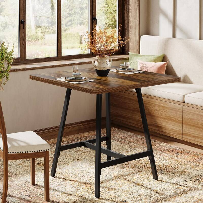 31.1" Square Industrial High Top Bar Pub Table, Small Kitchen Dining Table - 31.1" W × 31.1" D × 35.43" H - Rustic Brown & Black