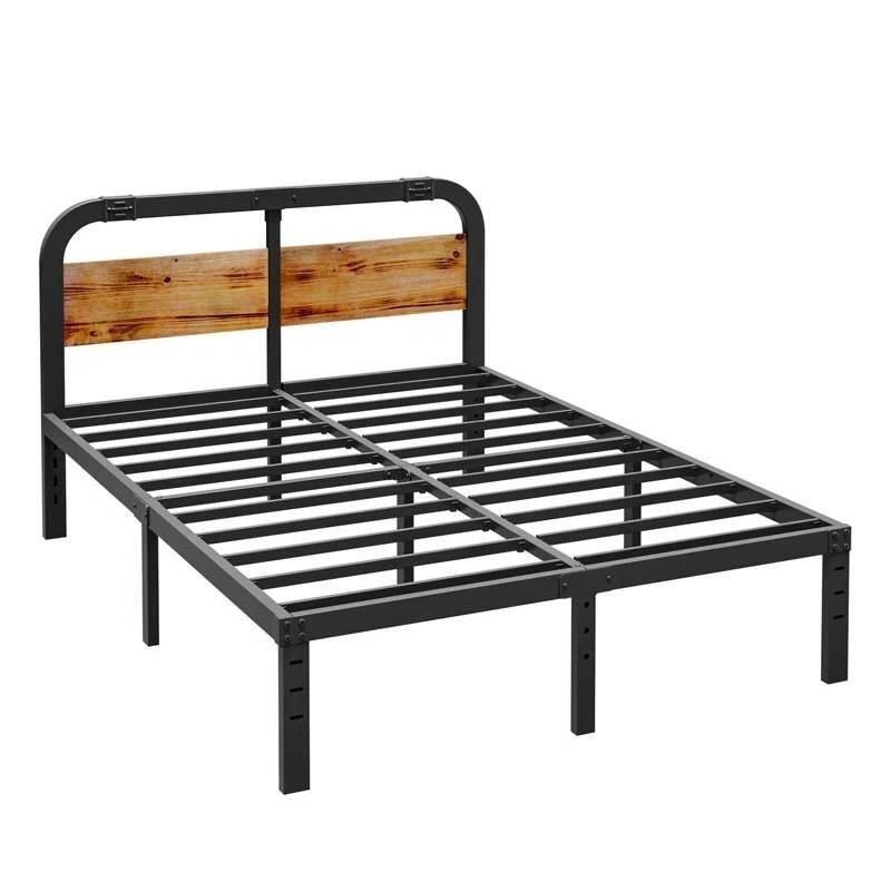Black Metal Platform Bed Frame with Rustic Wood Headboard and Strong Steel Slats Under Bed Storage